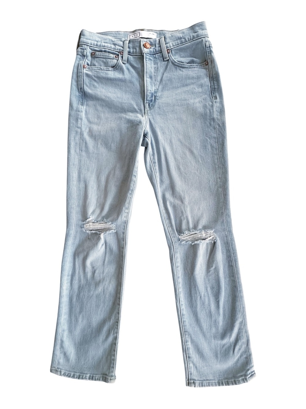 AYR The Sugar High Rise Straight Leg Jeans 
Distressed Light Wash Petite 28S